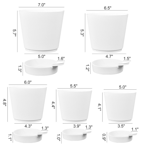 7/6.5/6/5.5/5 Inch Self Watering Planters with Drainage Hole - 5 Pack